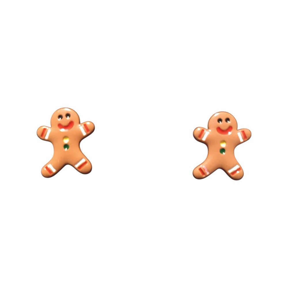 Christmas Gingerbread Man Stud Earrings (Brown with Red, Green, White, Yellow)